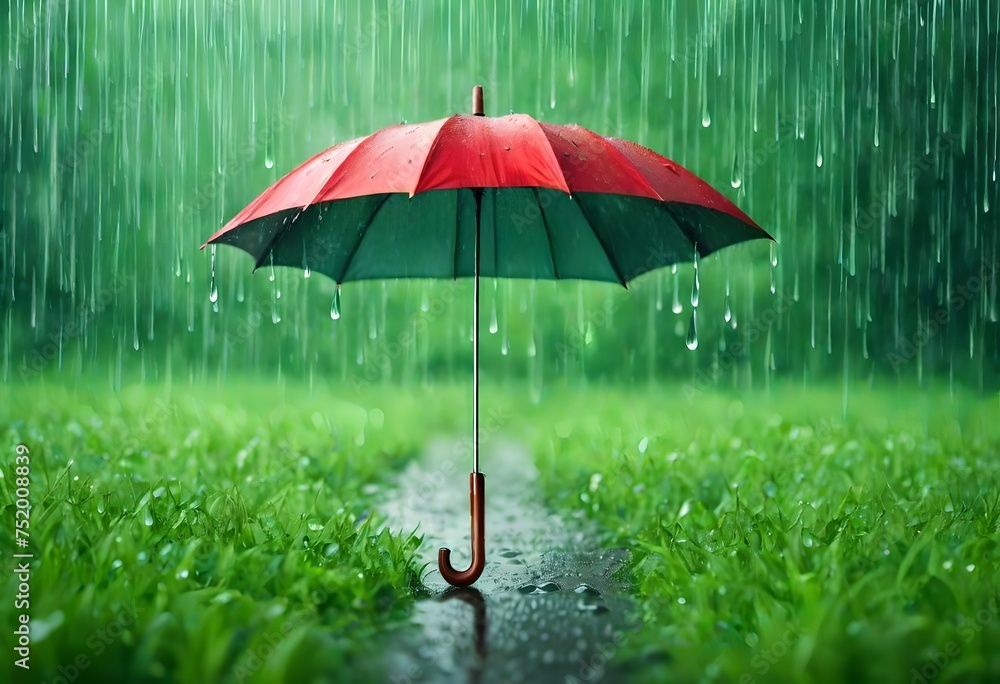 Green nature background with rain and an umbrella .Generative Ai
