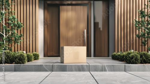 Blank Cardboard box placed in front of the modren house door, Concept Delivery photo