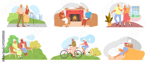Elderly people leisure time vector illustration scene set