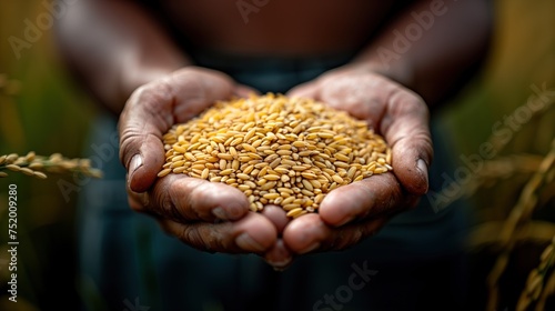 Hands holding a lot of rice grains and ears. This indicates a very good harvest.