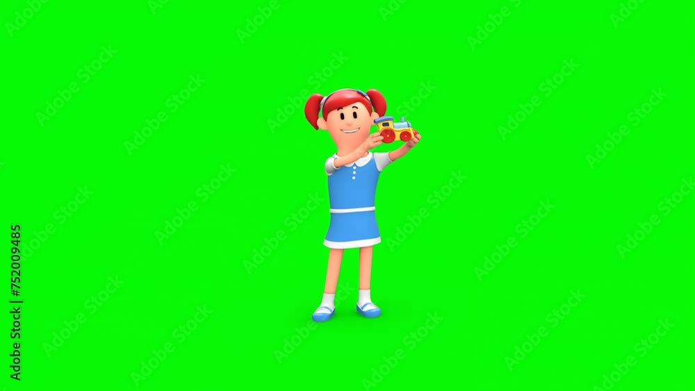 3D Rendered Animated Scene Of Cartoon Kid Playing With Car Toy Showing To The Camera Happily Standing In Green Background. 3D Rendered Animated Scene Of Cartoon Kid Playing With Car Toy Showing To The Camera Happily Standing In Green Background.