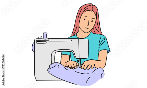 line art color of woman using sewing machine