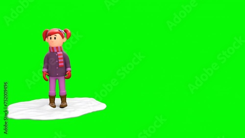 3D Rendered Animated Scene Of Cartoon Girl Making Snowballs And Throwing In Standing In Green Background.