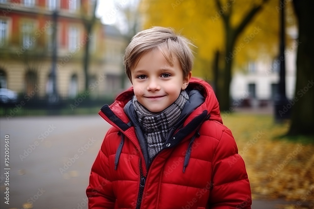 Portrait of a cute little boy in a red jacket in autumn park Portrait of a cute little boy in a red jacket in autumn park