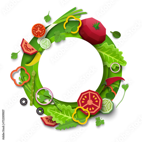 Health food frame with sliced vegetables and greenery