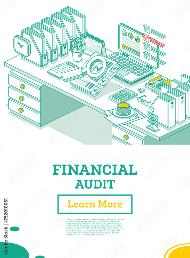 Financial Audit. Isometric Business Concept. Account Tax Report. Laptop with Calendar and Magnifier. Documents Under Magnifying Glass. Office Table with Paper Trays.