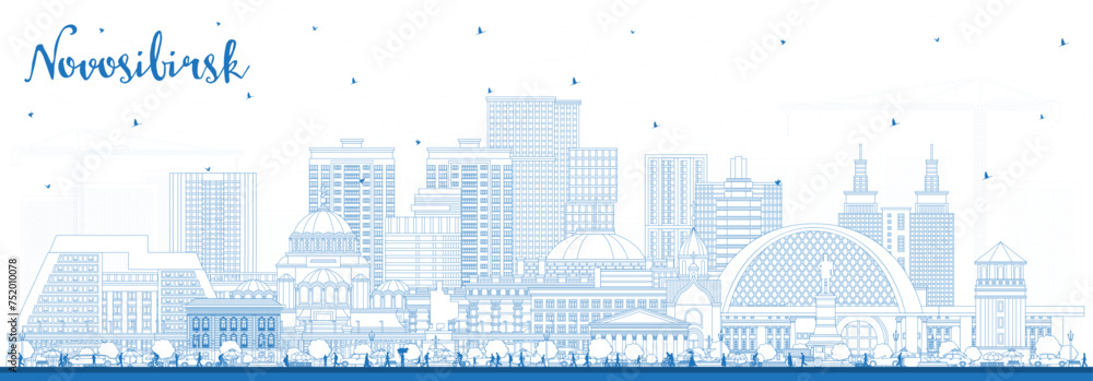 Outline Novosibirsk Russia city skyline with blue buildings. Novosibirsk cityscape with landmarks. Business travel and tourism concept with modern and historic architecture.