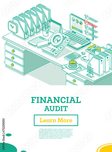 Financial Audit. Isometric Business Concept. Account Tax Report. Laptop with Calendar and Magnifier. Documents Under Magnifying Glass. Office Table with Paper Trays.