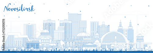 Outline Novosibirsk Russia city skyline with blue buildings. Novosibirsk cityscape with landmarks. Business travel and tourism concept with modern and historic architecture.