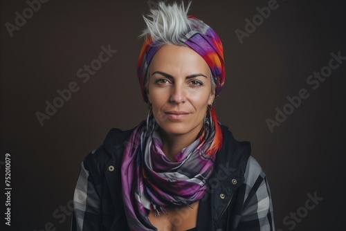 Portrait of a beautiful woman in a colorful scarf on a dark background