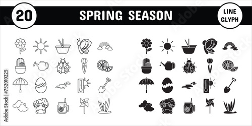 Spring Season Line Glyph Vector Illustration Icon Sticker Set Design Materials