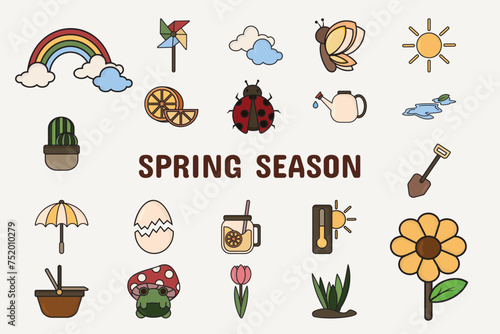 Spring Season Lineal Color Vector Illustration Icon Sticker Set Design Materials