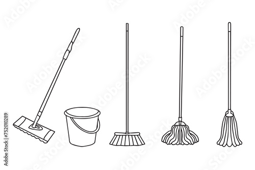 Set of mops and bucket, cleaning outline icons. Single line vector illustration. Isolated icon suitable for web pages, infographics, interface and applications. Vector illustration