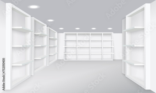 Realistic store interior with empty shelves background