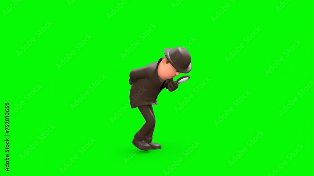 3D Rendered Animated Scene Of Cartoon Detective In Black Suit And Hat Investigating Crime Scene With Magnifying Glass In Green Background. 3D Rendered Animated Scene Of Cartoon Detective In Black Suit And Hat Investigating Crime Scene With Magnifying Glass In Green Background.