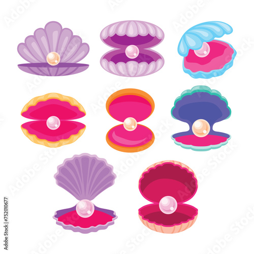 Set of colorful pearl shell set collection, Finest quality beautiful natural open pearl shell, Natural beautiful single pearl sea jewelry isolated on white background, cartoon vector illustration.