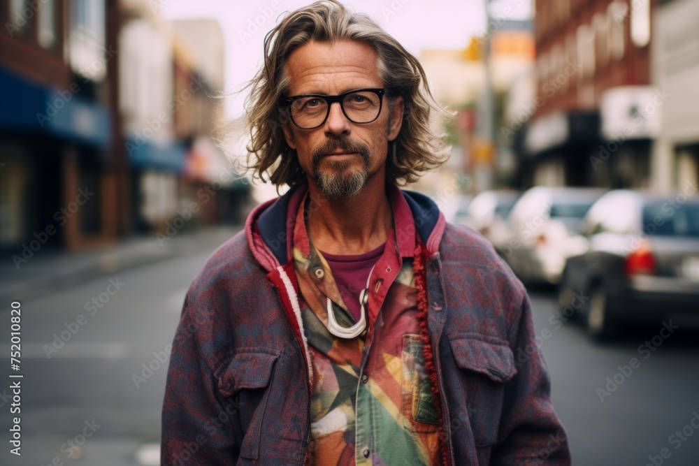 Handsome middle-aged man with long hair and beard wearing casual clothes walking in the city streets Handsome middle-aged man with long hair and beard wearing casual clothes walking in the city streets