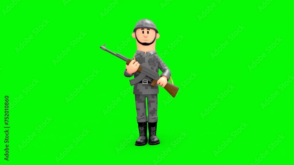 3D Rendered Animated Scene Of Cartoon Soldier In Uniform And Gun Looking Around Standing In Green Background 3D Rendered Animated Scene Of Cartoon Soldier In Uniform And Gun Looking Around Standing In Green Background