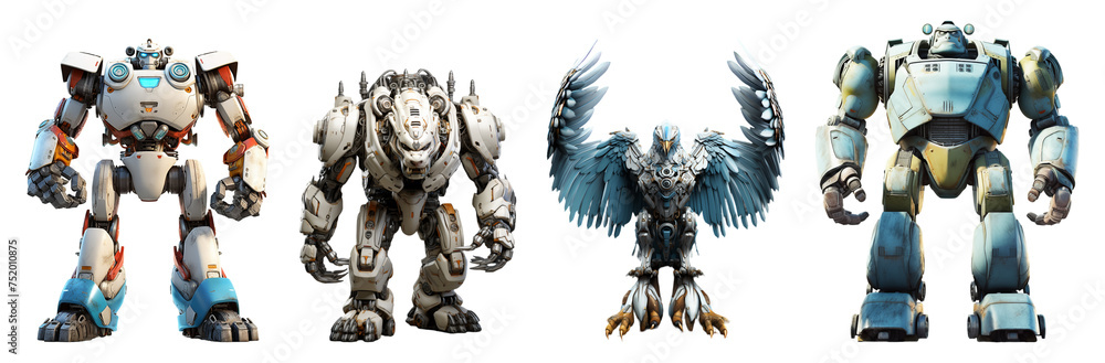 Collection of 3D animated characters, robotic animals, gorillas, tigers and eagles, generative AI Collection of 3D animated characters, robotic animals, gorillas, tigers and eagles, generative AI