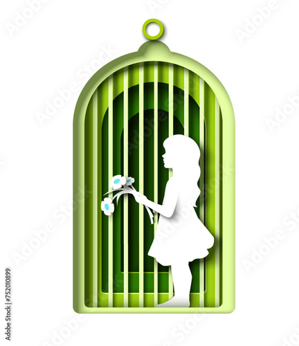 Little girl kid with flower bouquet locked in golden cage