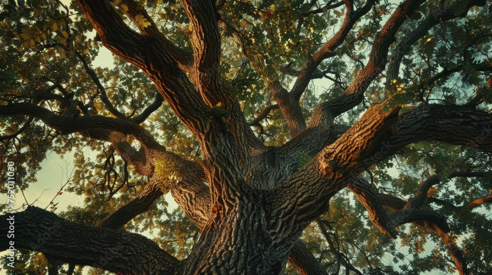 A majestic oak tree its branches rustling in unison with the melodies of birds singing their evening songs. A majestic oak tree its branches rustling in unison with the melodies of birds singing their evening songs.