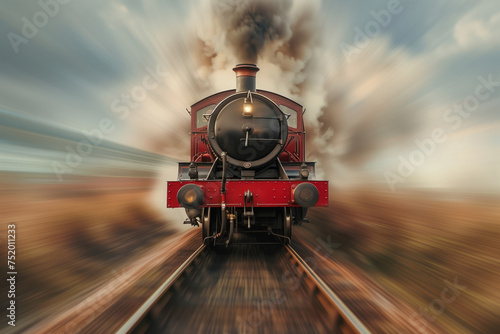 Red steam locomotive in motion with the background blurred emphasize its speed