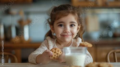 Portrait Of Adorable Little Arab Girl Eating Cookies And Drinking Milk In Kitchen  Cute Female Child Enjoying Healthy Snack At Home  Preschool Kid Sitting At Table And Smiling At Camera 