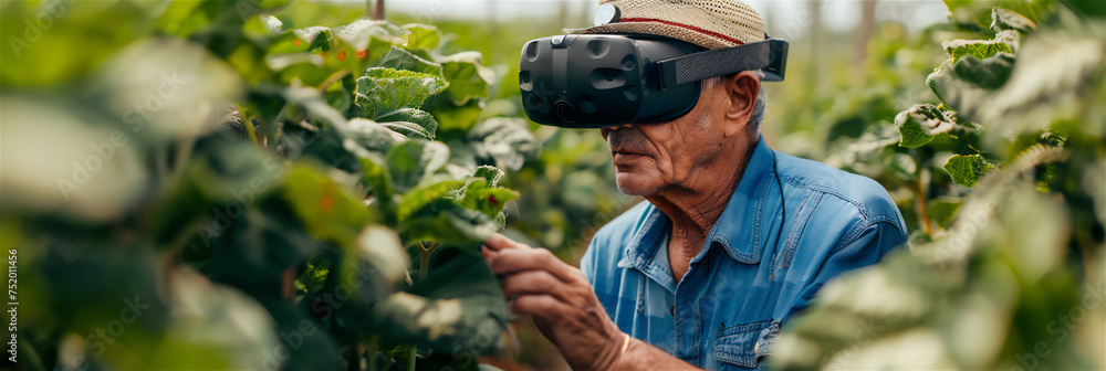farmer using VR glasses is selecting fertilizer as displayed by the VR glasses