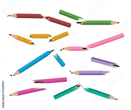 Set of broken pencil snapping in two, broken pencils snapped in half, Error, anger, frustration or failure concept icon. Creative crisis, stress at work and employe burnout symbol. Vector Illustration