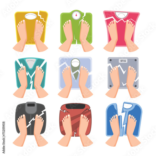 Set of broken weight collection,  broken cracked weight scales measurement, Overweight people concepts illustration, Broken Scale Weight Overweight Feet, female feet top view, obese person unhealthy