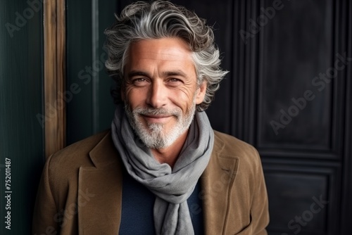 Portrait of a handsome senior man with grey hair and scarf.