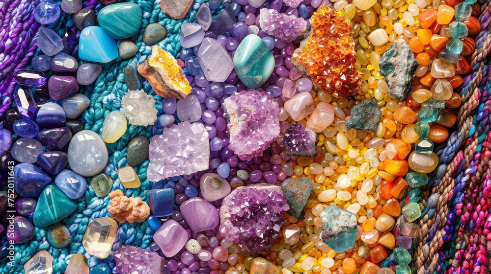 A colorful array of vibrant gemstones and crystals each with their own unique energy and healing properties are carefully laid out on a woven blanket. A colorful array of vibrant gemstones and crystals each with their own unique energy and healing properties are carefully laid out on a woven blanket.