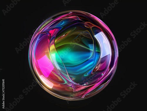 An abstract digital art of a glass-like sphere with vibrant colors on a black background.