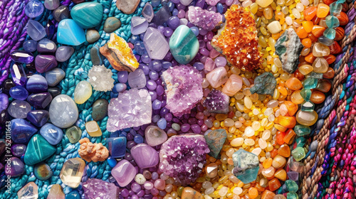 A colorful array of vibrant gemstones and crystals each with their own unique energy and healing properties are carefully laid out on a woven blanket.