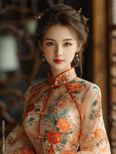 a beautiful Chinese woman wearing a traditional Chinese Qipao Chinese New Year dress