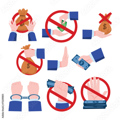 Set of corruption hands collection, Corruption and Bribery in business concept. Insider trading, Hand refused the bribe offered with chains money bag, stop corruption sign symbol, vector illustration.
