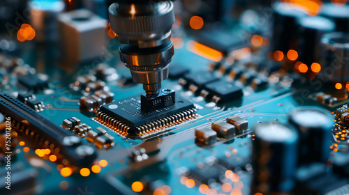 a robot hand is installing IC components on a PCB board