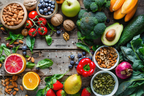 Fresh fruits  vegetables  and nuts arranged on a wooden table