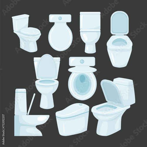 Set of toilet seat set collection, New ceramic toilet bowl, Clean Toilet bowl in bathroom interior decoration with top view and side view, cartoon style, closet flush toilet vector illustration.