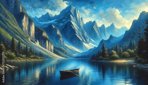 Oil painting style blue mountain sky nature landscape with a boat in a lake