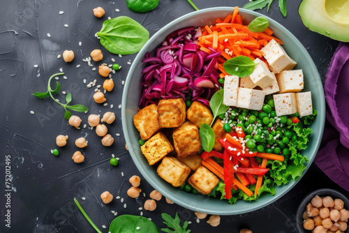 A vibrant bowl filled with healthy, plant-based protein-rich food