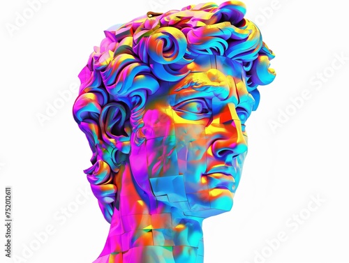 A vibrant, multicolored bust of a classical statue, suggestive of contemporary digital art influences.