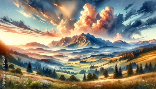 Watercolor painting style mountain landscape with a dramatic sky in the European countryside