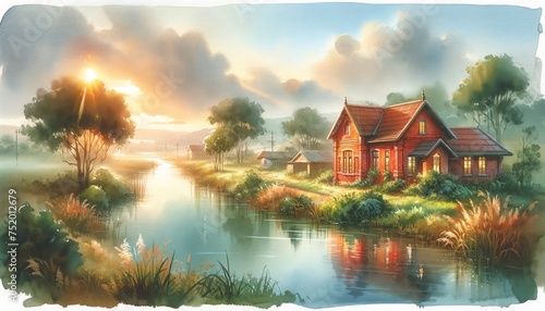 Watercolor painting style red bricks house in the countryside near a lake in the morning