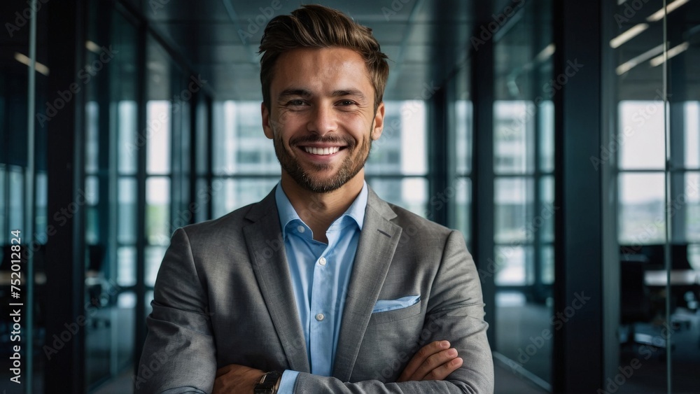 Portrait of successful young businessman headshot of executive consultant looking at camera smiling inside modern office building Portrait of successful young businessman headshot of executive consultant looking at camera smiling inside modern office building