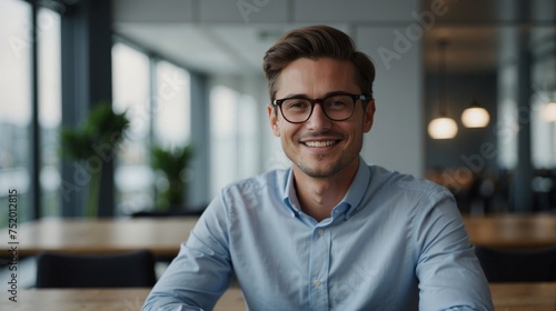 Portrait of successful young businessman headshot of executive consultant looking at camera smiling inside modern office building