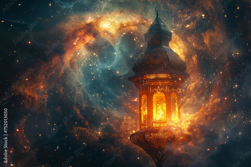 A digital art piece where a galaxy forms the shape of a traditional Islamic lantern, with stars and nebulae swirling around it A digital art piece where a galaxy forms the shape of a traditional Islamic lantern, with stars and nebulae swirling around it