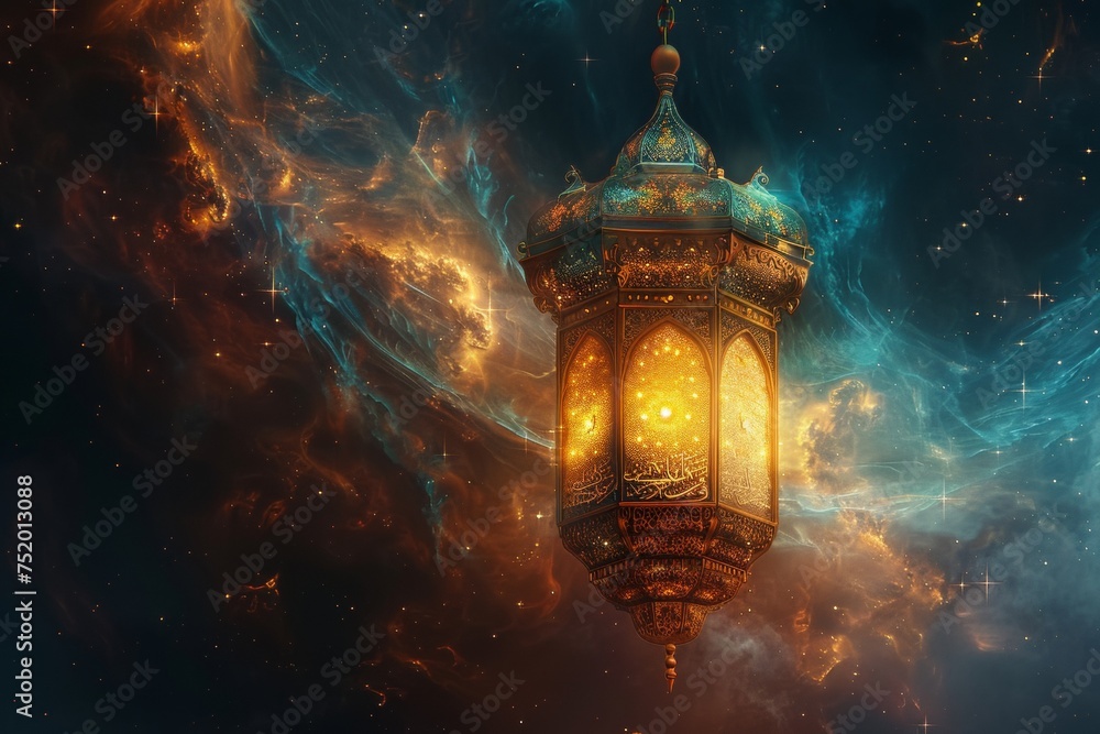 Ancient Lantern Floating in a Cosmic Space with Star Clusters and Nebulae Ancient Lantern Floating in a Cosmic Space with Star Clusters and Nebulae