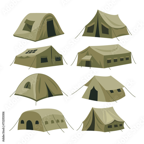 Set of Green military tents cartoon illustration set, Camping tents or shelter of different shapes for soldiers or hiking outdoor recreation, army camp, touristic equipment, vector illustration.