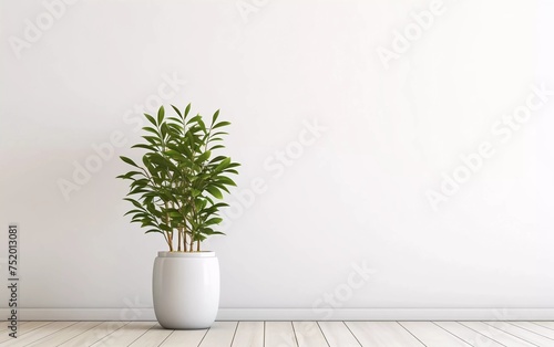 white wall interior with plant vase on wooden floor. generative ai photo